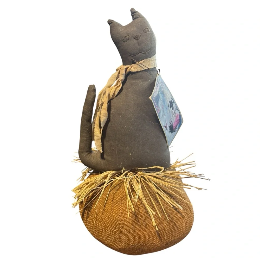 Primitive Orange pumpkin Black cat Halloween decor centerpiece Fall - Picture 1 of 5